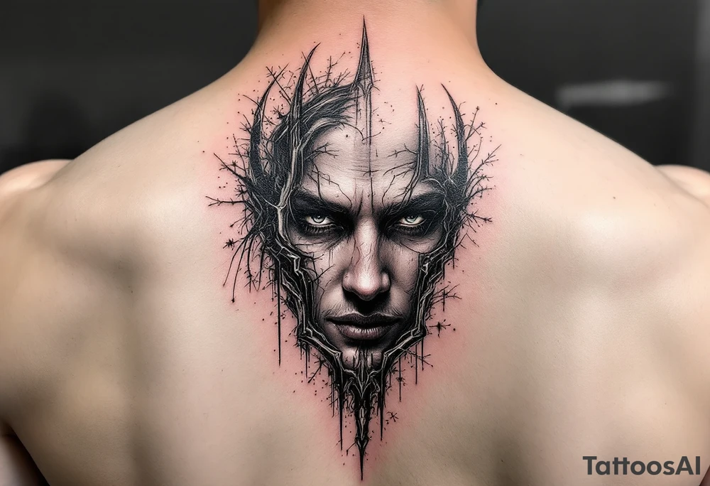 gentle face behind trident tattoo idea