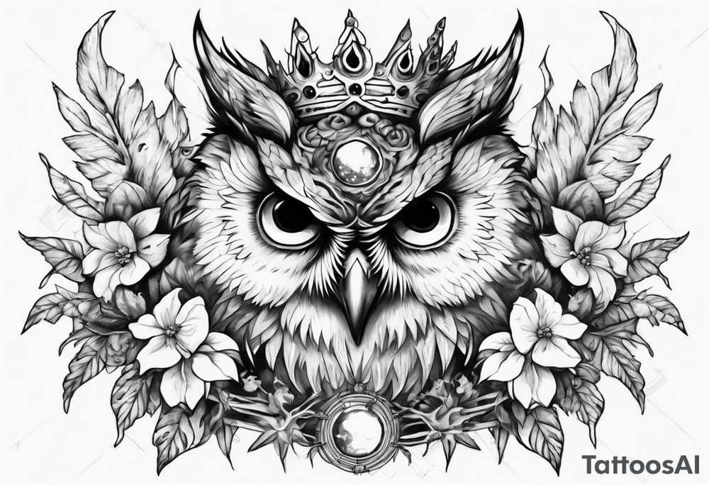Demon crowned Owl surrounded by poisonous plants, crystals and astrology. tattoo idea