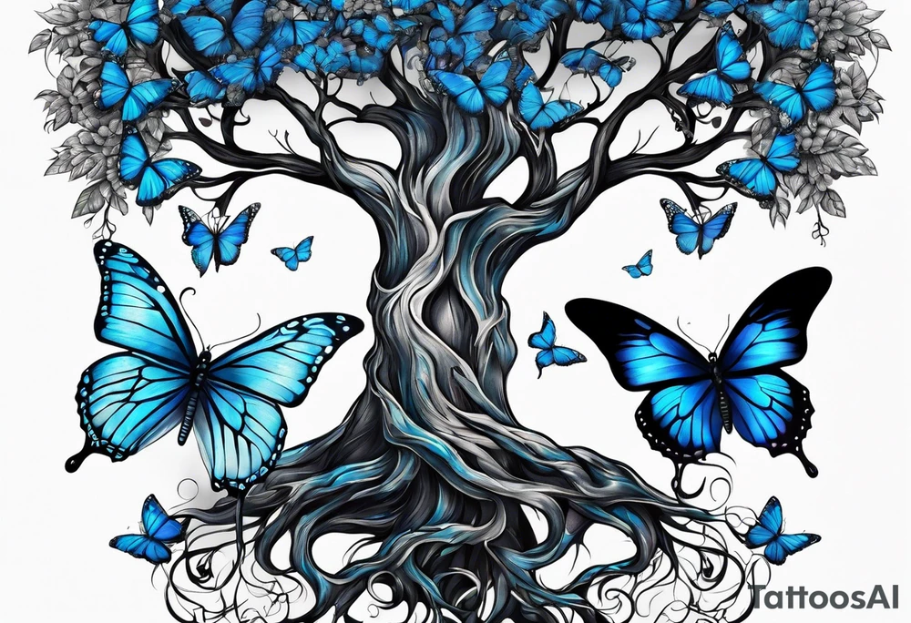 Tree of life with blue monarch butterflies tattoo idea