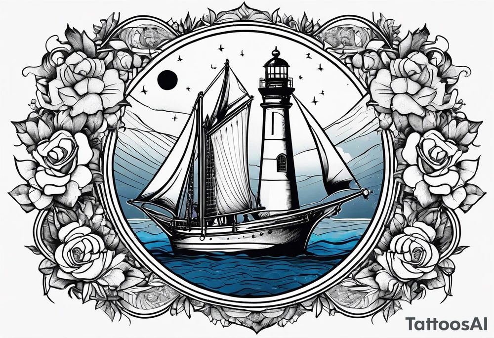 bateau, phare maritime, phoenix, rose des vents et lune bleu. tattoo idea