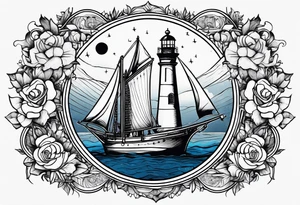 bateau, phare maritime, phoenix, rose des vents et lune bleu. tattoo idea
