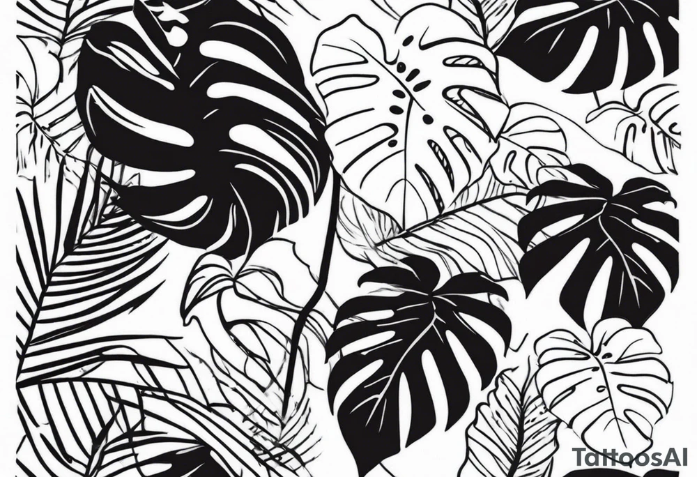 Monstera palm trees vines lizards tattoo idea