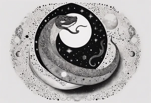 Snake wrapping around the moon phases and hades and Persephone constellations tattoo idea