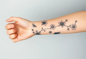 Full forearm design. Flowers on the vine. Include a snail, turtle, fox, and bear hidden within the flowers tattoo idea