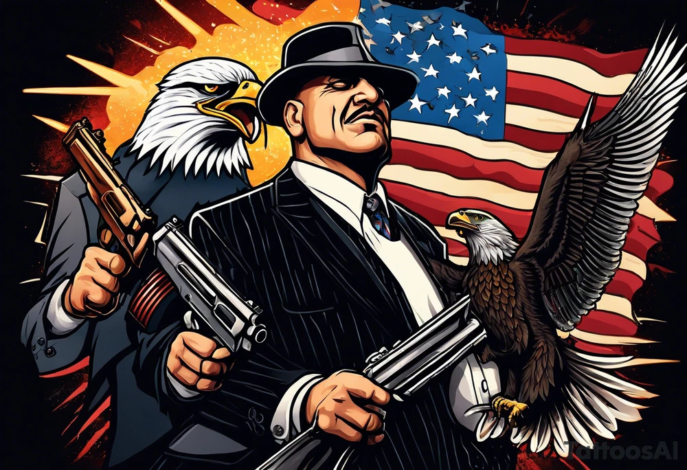 capone style gangsters battling with machine guns against a dark flame background with an angry eagle swooping in with american flag and sexy women tattoo idea