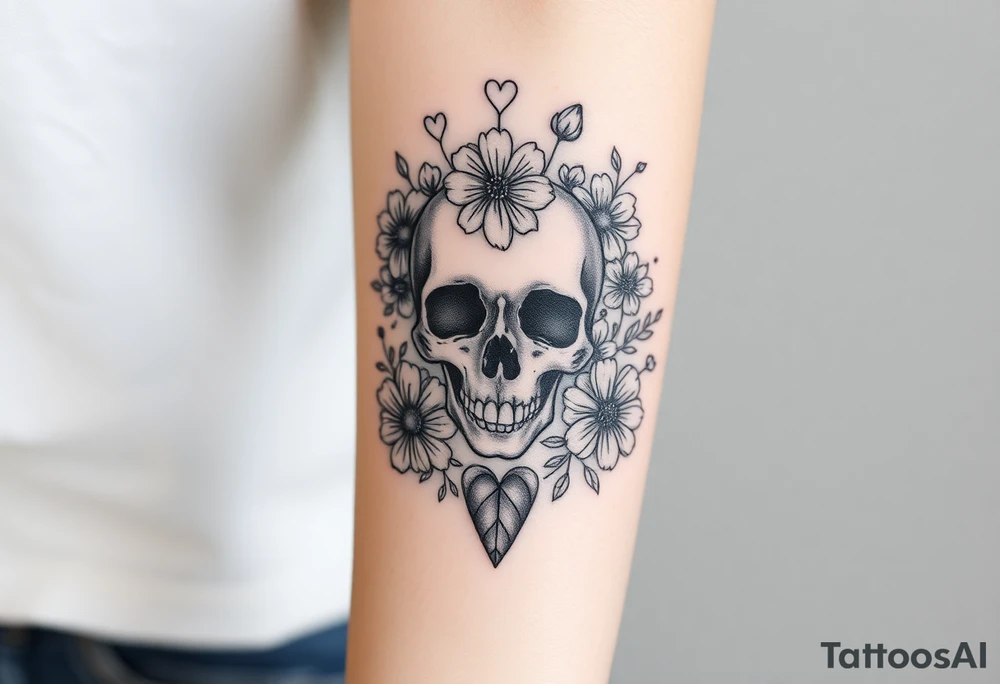 Pretty skull surrounded by wildflowers and hearts half sleeve tattoo idea