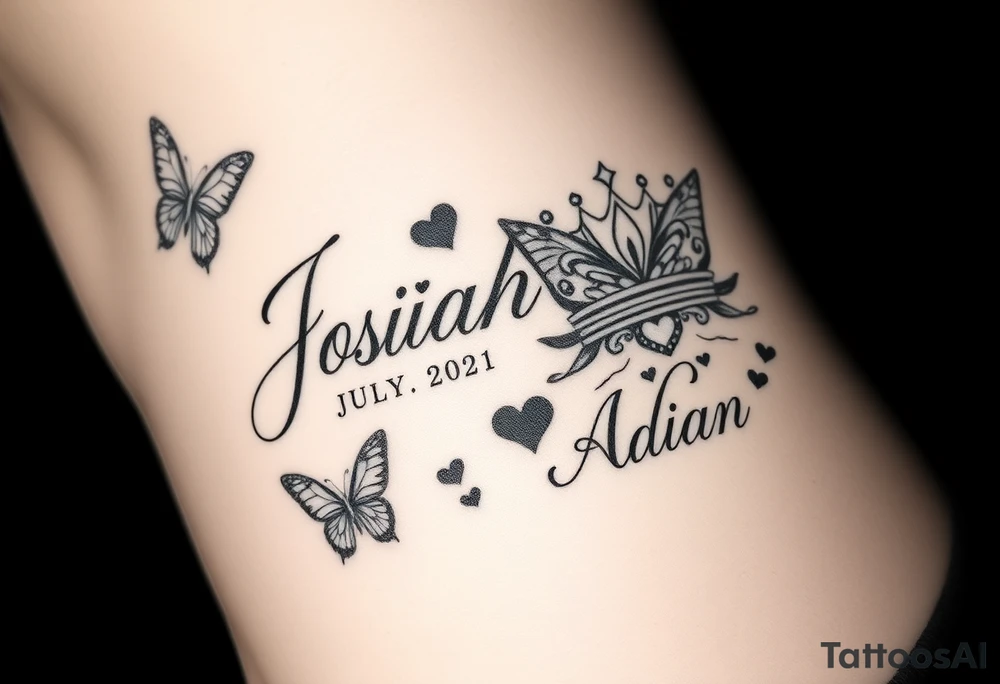 Feminine womens tatto that goes on tarso and in tattoo the names JOSIAH in cursive written with the date July 6th 2021 iAND NEXT TO NAME A PRINCE CROWN and butterfly's and the cancer zodiac number in between with the capricorn sing in between and hearts and the next part lower part of tatto the name ADIAN WITH THE DATE March 10th 2023 WITH A SMALLER PRINCE CROWN THEN THE JOSIAHS CROWN AND THEN LITTLE BUTTERFLYS WITH THE PACIES ZODIAC SING IN AND THE CAPRICORN ZODIAC SIGN BOTH SMALL AND IN BETWEEN THE BUTYERFLYS AND HEARTS MAKE IT MIX TOGTHER DO THE SAME WITH THE CANCER AND CPROCORN SIGN ABOVE tattoo idea