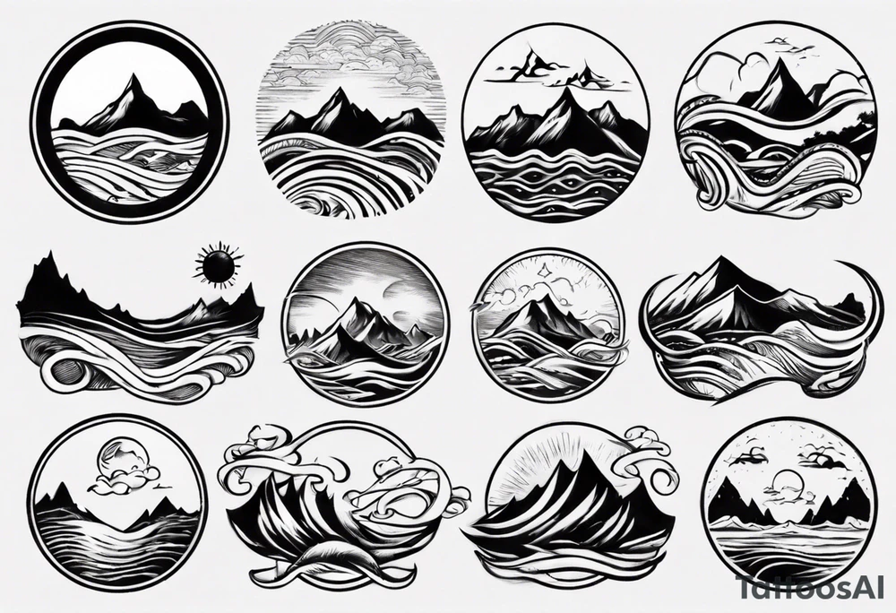 sleeve, mountains, waves, sun tattoo idea