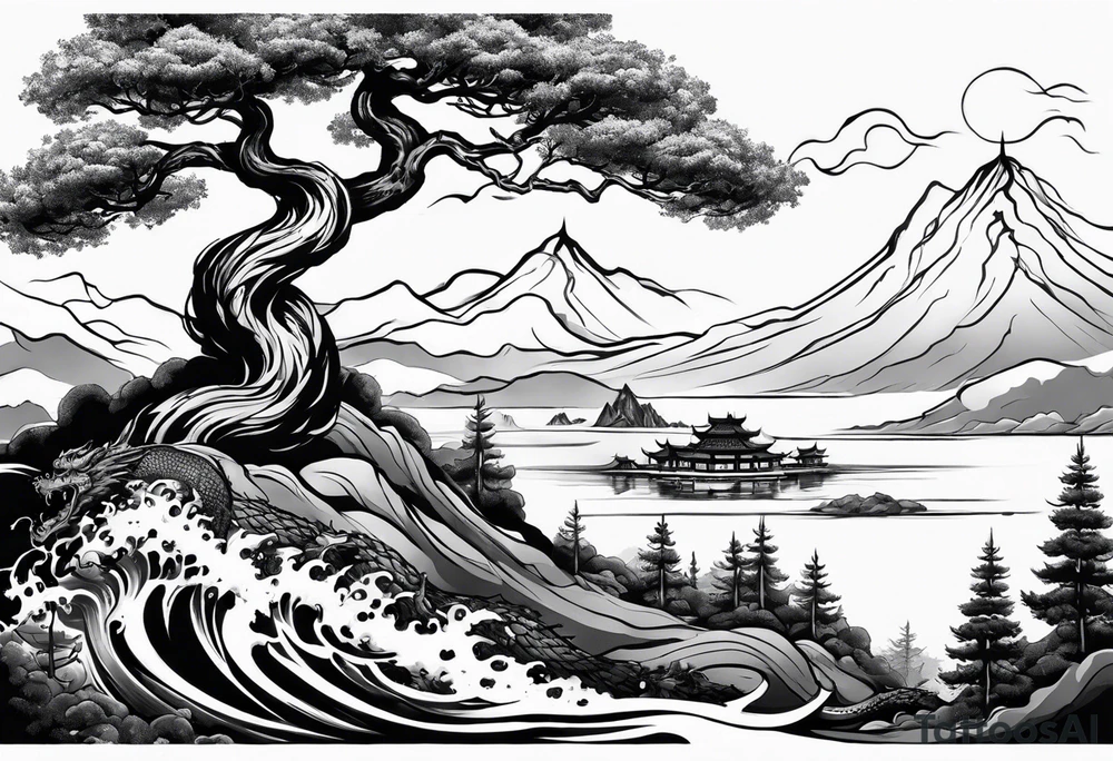 Full arm sleeve, tree going up to shoulder dead tree going down to wrist, wrapped in a serpent moving down with mountain, water, and demon tattoo idea