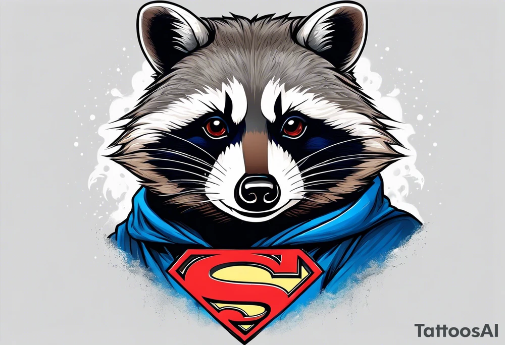 raccoon wearing a Superman hoodie tattoo idea