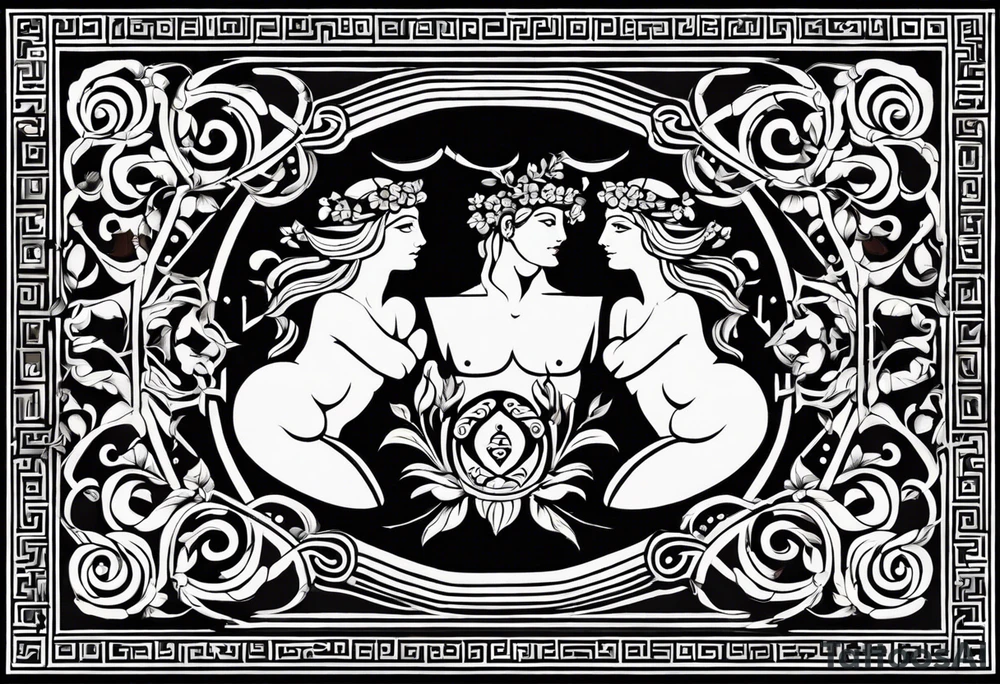 Craft an abstract yet distinctly ancient Greek-inspired tattoo design featuring Dionysus and Clio. Incorporate motifs from classical Greek art such as geometric patterns, meander borders, and stylized representations of the gods. For Dionysus, integrate symbols like grape clusters, ivy leaves, or the thyrsus staff in a dynamic and fluid composition, capturing the essence of his revelry and passion. Similarly, for Clio, infuse elements like scrolls, laurel wreaths, or the lyre into the design, evoking a sense of scholarly enlightenment and artistic inspiration. Ensure the overall aesthetic echoes the elegance and timelessness of ancient Greek art, offering a unique interpretation of these revered deities tattoo idea