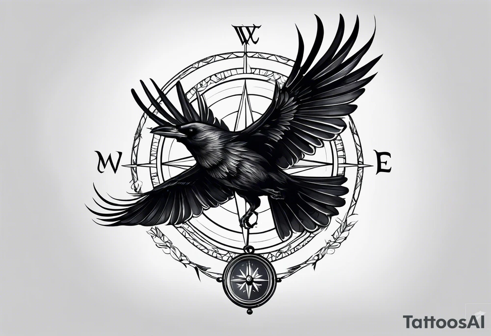 flying crow with compass tattoo idea
