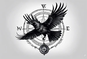 flying crow with compass tattoo idea