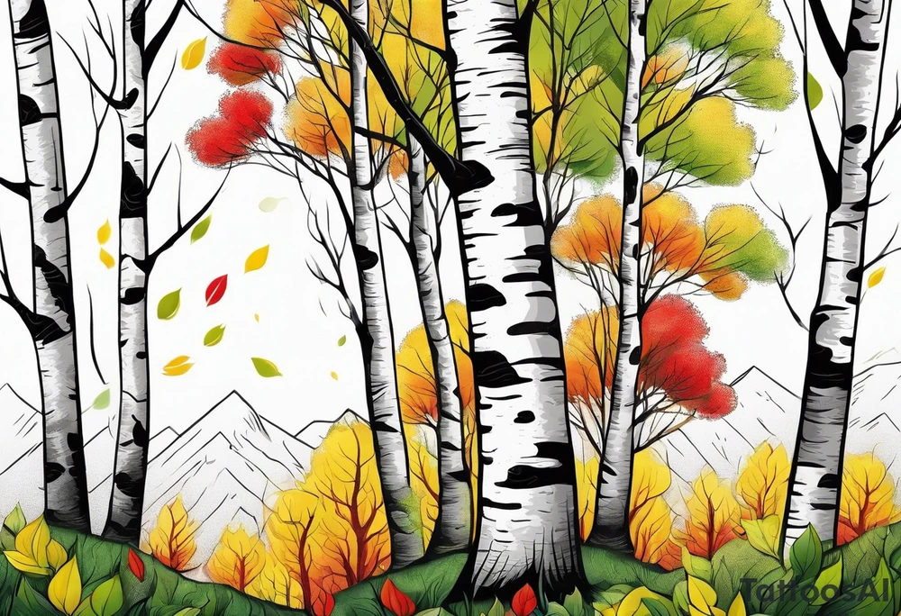 birch tree
with yellow, green and red colours tattoo idea