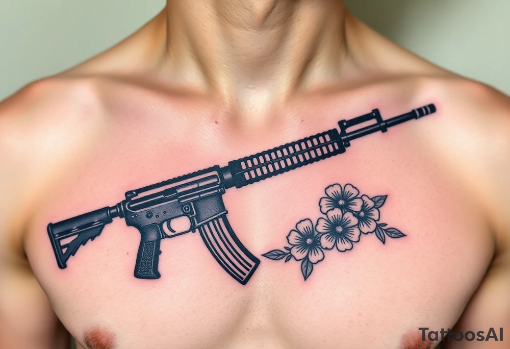 ak 47 black silhouette with floreal details tattoo idea