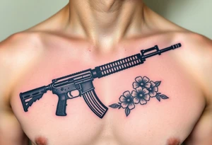 ak 47 black silhouette with floreal details tattoo idea