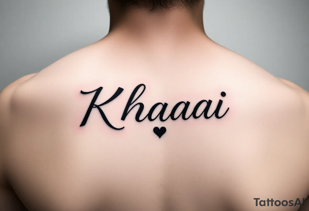 The name Khaài in a slim but bold cursive font w a small heart at the end of the name tattoo idea