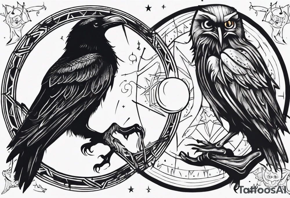 Raven on the left with the Sun. Owl on the right with Moon. Mystic. Dark Demonic Energy. tattoo idea