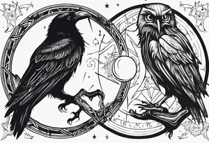 Raven on the left with the Sun. Owl on the right with Moon. Mystic. Dark Demonic Energy. tattoo idea