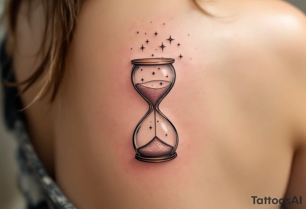A delicate, floating hourglass with sand turning into tiny stars tattoo idea
