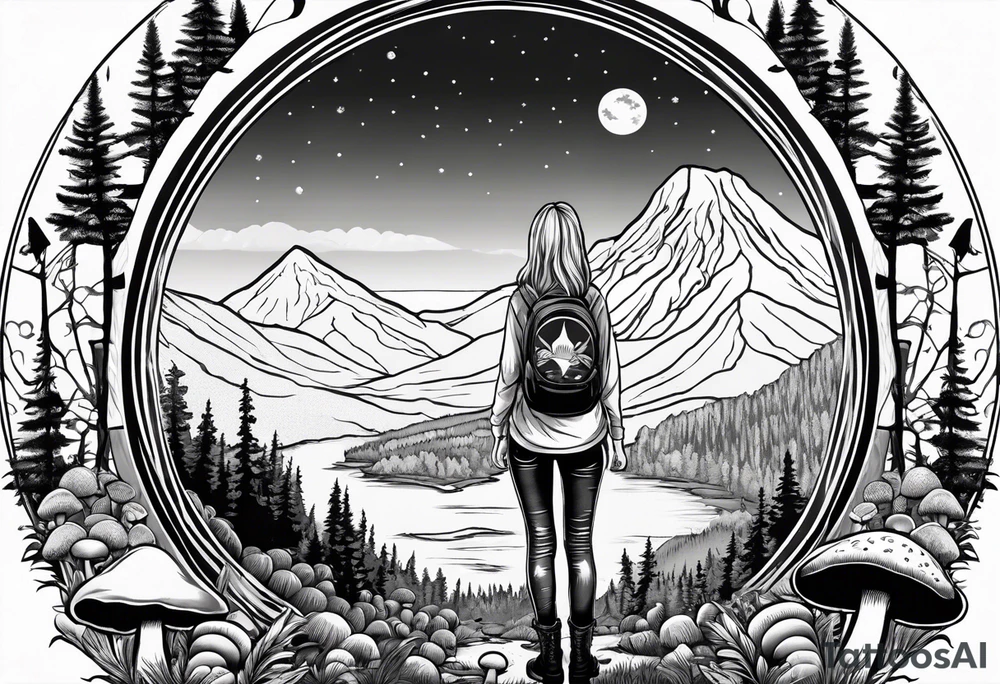 Whole picture encircled fully

Straight long blonde hair hippie girl in distance holding mushrooms in hand facing away toward mountains and creek surrounded by mushrooms long sleeve shirt and hiking pants; whole rendering within a full circle, no cut off circle tattoo idea
