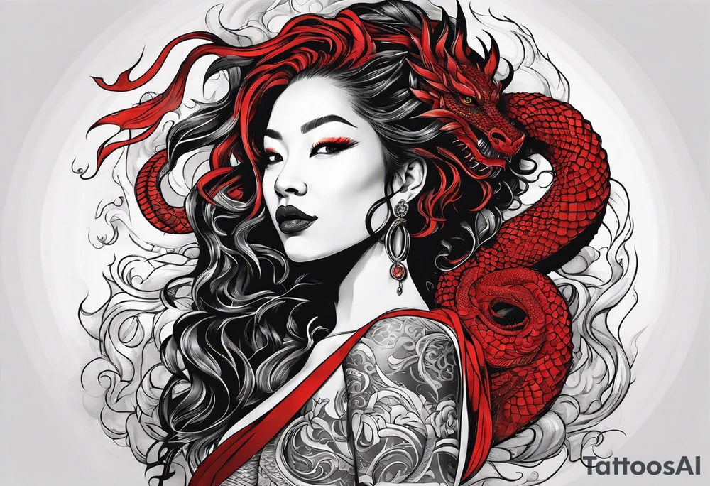 Red dragon wrapping around woman with locs tattoo idea