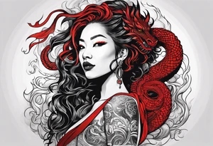 Red dragon wrapping around woman with locs tattoo idea