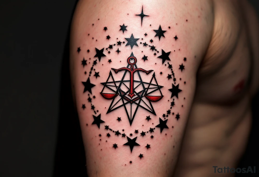 Bold black stars outline the Libra star constellation while a red-ink Libra symbol from the center. tattoo idea