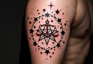 Bold black stars outline the Libra star constellation while a red-ink Libra symbol from the center. tattoo idea