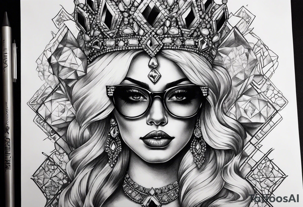 Dead Diamond queen wearing glasses add gemstones tattoo idea