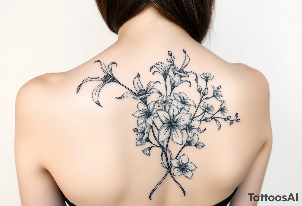 spider lily plants with cherry blossoms in a floral wrap on the arm tattoo idea