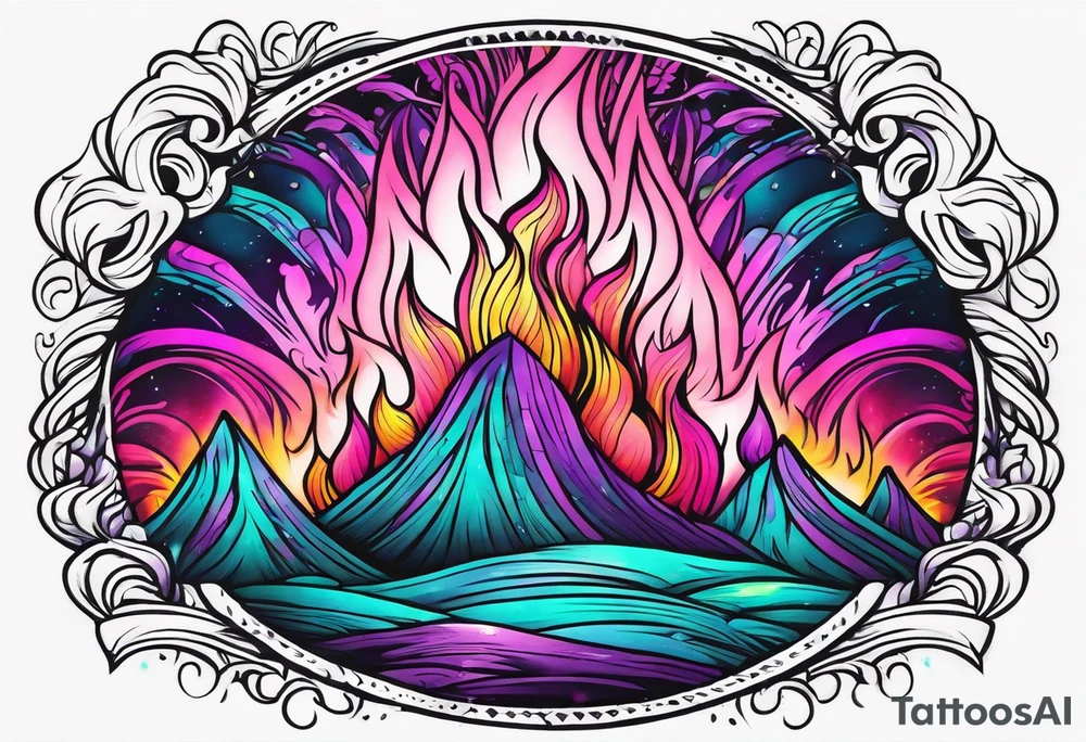 Pink purple teal Bonfire flames turning into northern lights tattoo idea
