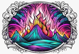 Pink purple teal Bonfire flames turning into northern lights tattoo idea