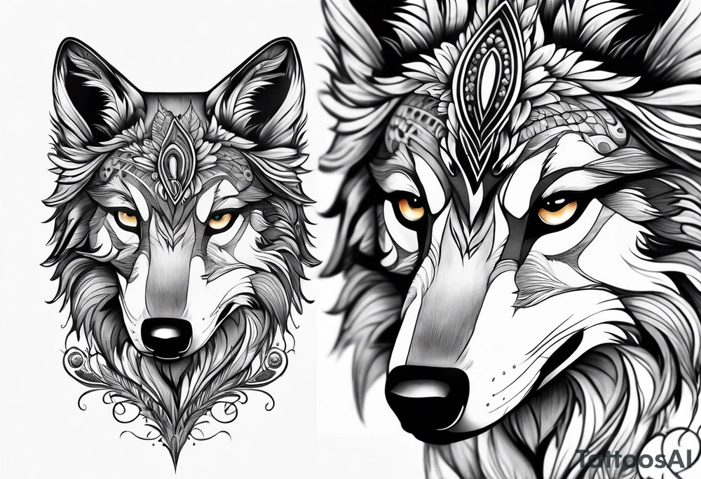 Peacock feather and wolf puppy tattoo idea