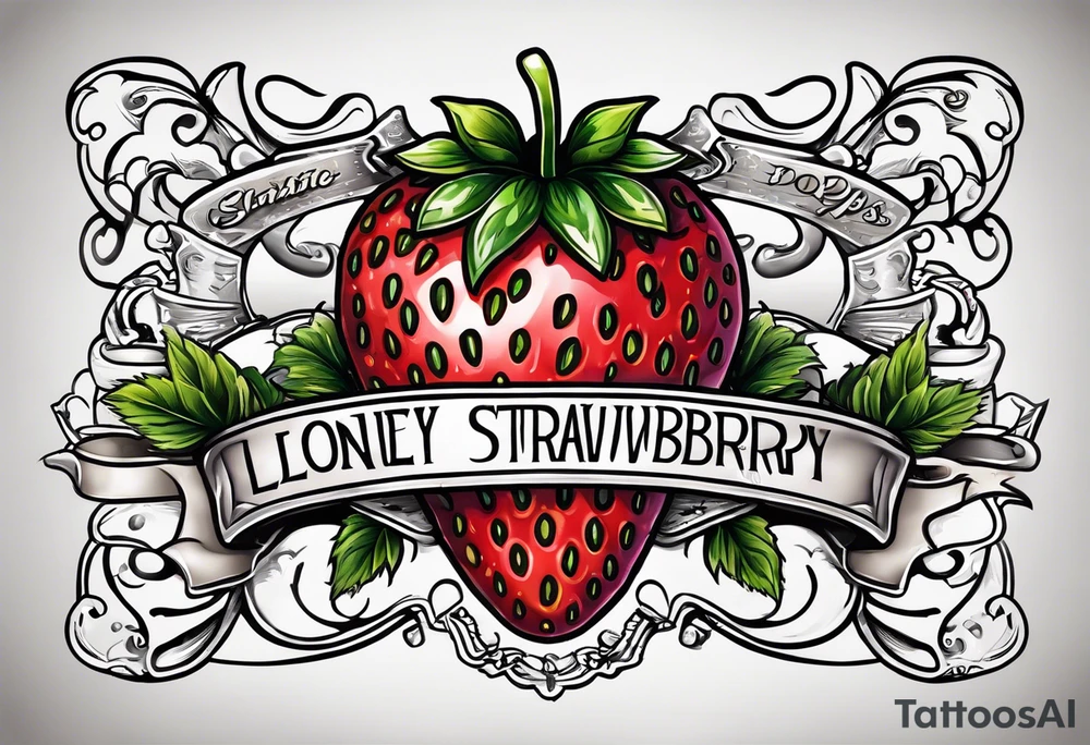 lonely strawberry wrapped in banner saying Pops tattoo idea