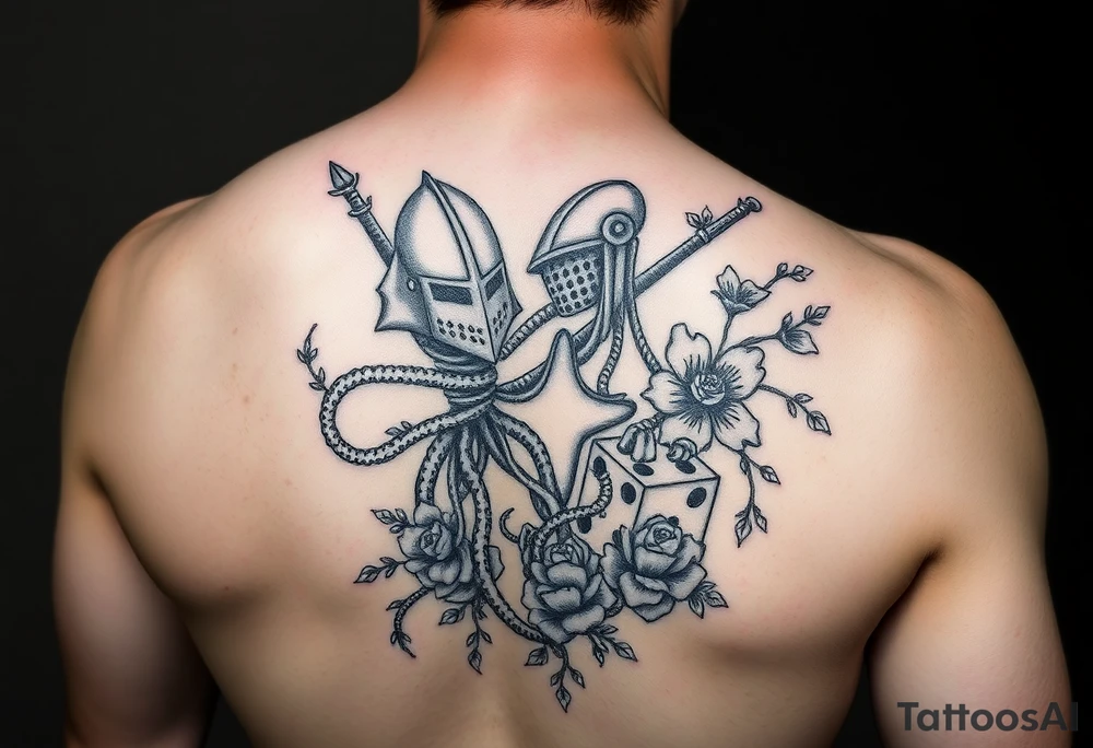 knight and squid combined with tree roots, cherry blossoms and roses rolling dice tattoo idea