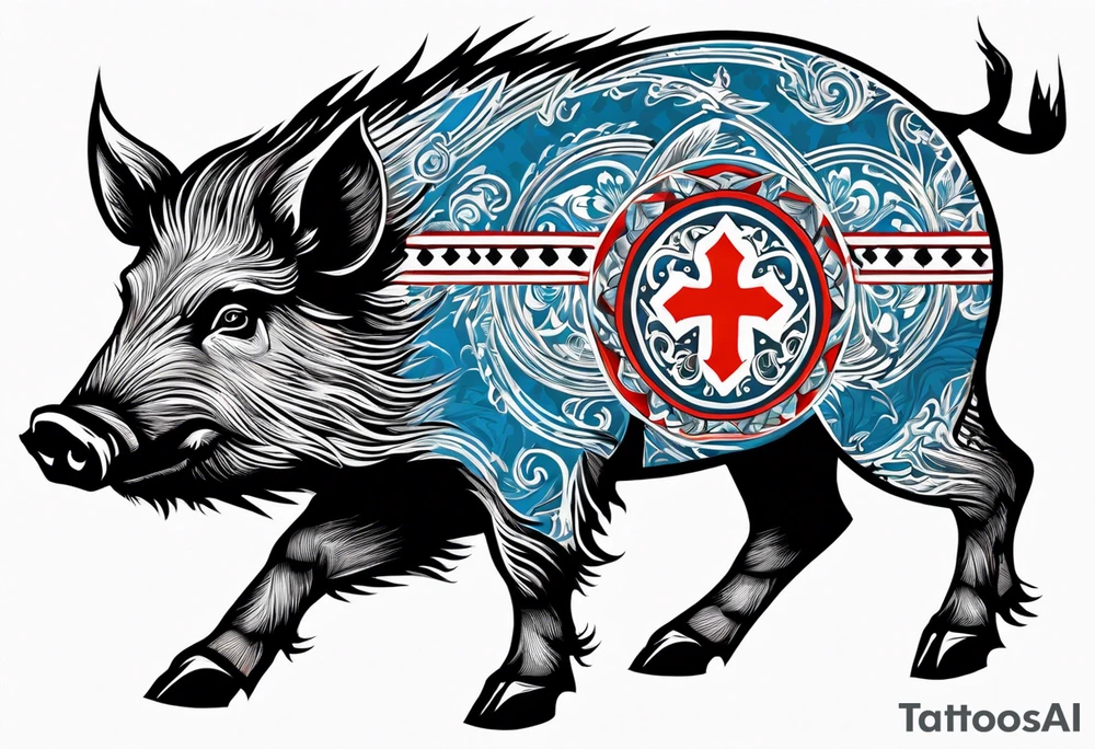 Wild boar that is blue with three red crosses tattoo idea