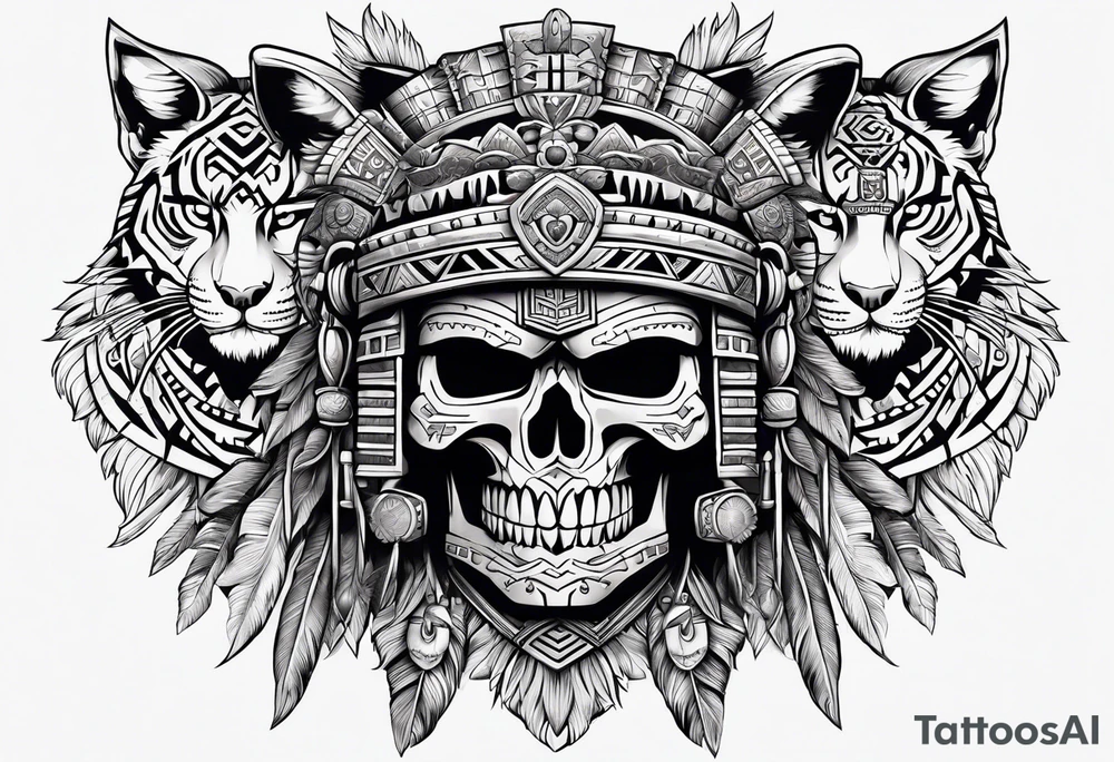 Aztec warrior skull with aztec symbols and weapons and tiger tattoo idea
