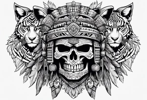 Aztec warrior skull with aztec symbols and weapons and tiger tattoo idea