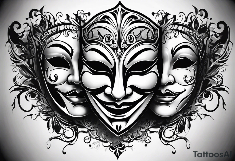Create a tattoo of a theatrical mask split into two halves, with one side depicting a smiling, benevolent face, and the other showing a sinister, malevolent expression, symbolizing the dual nature of human emotions. tattoo idea