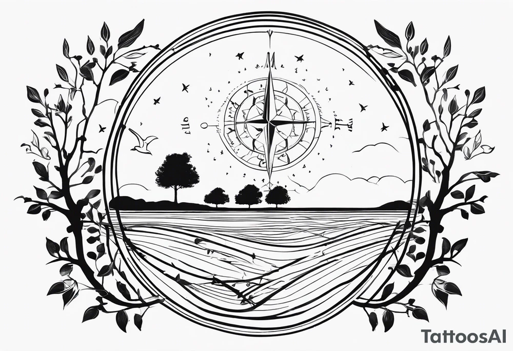 Create me a tattoo only in black with thin lines with a tree of life in the middle, a compass above with GPS coordinates, three little birds from the music "three little birds" by Bob Marley. tattoo idea