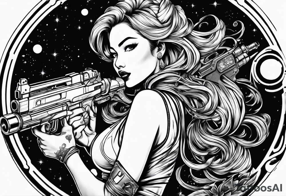 Pinup woman holding laser gun in space tattoo idea