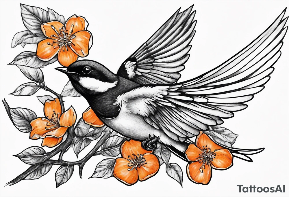 swallow flying off of branch with orange blossoms tattoo idea
