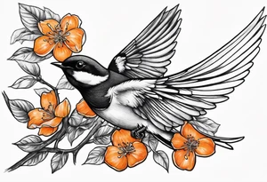 swallow flying off of branch with orange blossoms tattoo idea