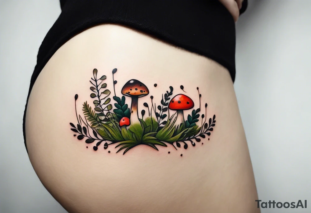 minimalistic forest floor inspired tattoo, which includes grass, moss, curly ferns and dead leaves as the bulk of the tattoo. details to include: forest berries, couple of very small brown mushrooms, a tiny bumblebee flying nearby tattoo idea
