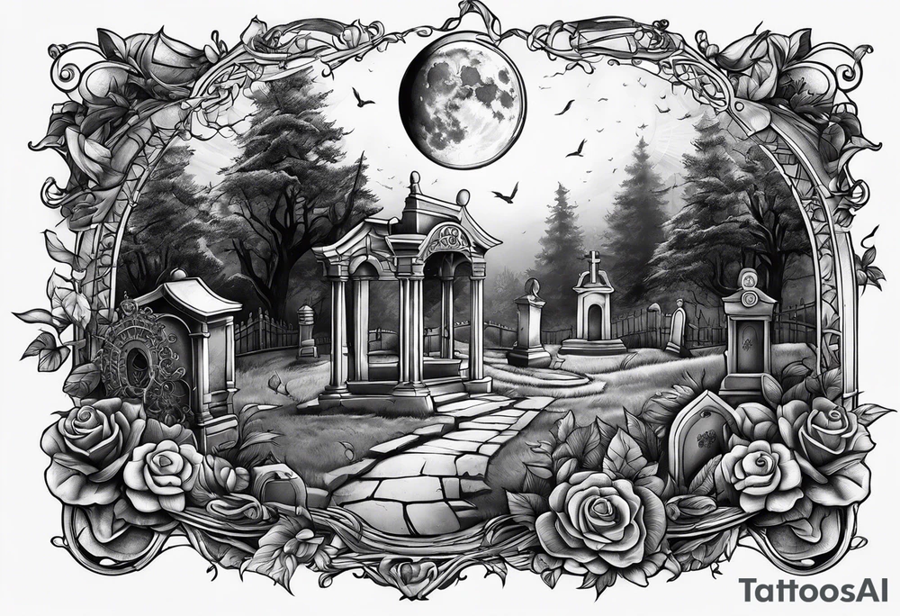 graveyard with moon and sundial tattoo idea