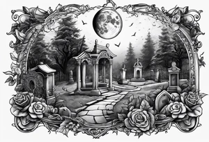 graveyard with moon and sundial tattoo idea