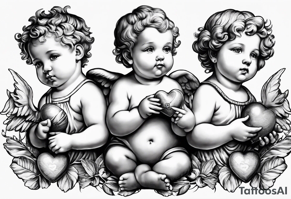 3 cherubs that look realistic, not cartoony. one of them is a girl holding a balloon, one is a boy holding a money bag, one is a girl hugging a heart tattoo idea