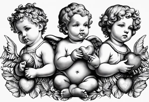 3 cherubs that look realistic, not cartoony. one of them is a girl holding a balloon, one is a boy holding a money bag, one is a girl hugging a heart tattoo idea