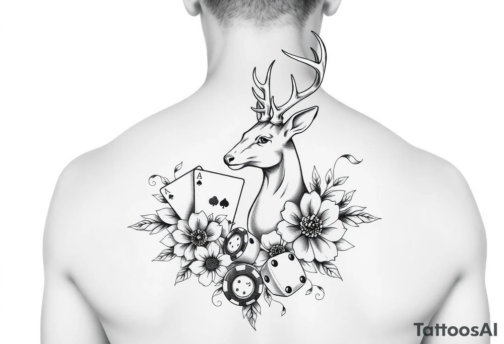 Casino theme with deer cards, dice poker, chips, and flowers and swirls in the background for a sleeve half sleeve tattoo idea